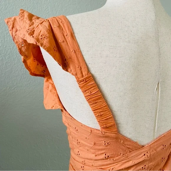 Japna Orange Eyelet Embroidered Vneck Ruffle Cap Sleeve Wrap Crop Top | Medium - Picture 4 of 7